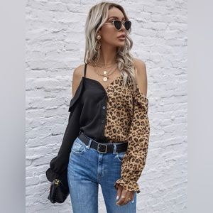 Leopard Panel Cold Shoulder Blouse ruffle long sleeve
